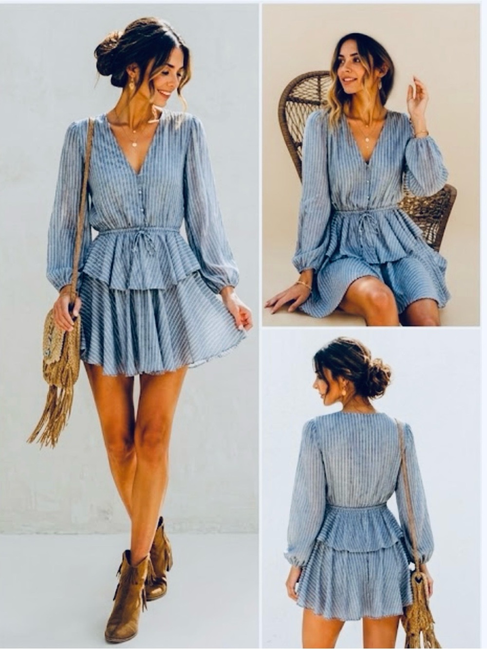 Boho Chic Striped V-Neck Long Sleeve Ruffle Mini Dress. Size L. NWT.